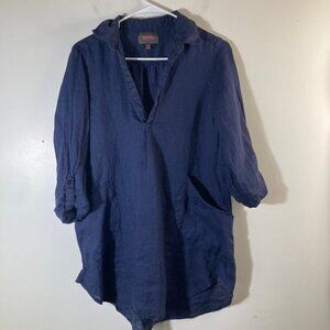 Womens Forcynthia Beach Wear V Neck Linen Tunic Pockets Navy M Roll Sleeve